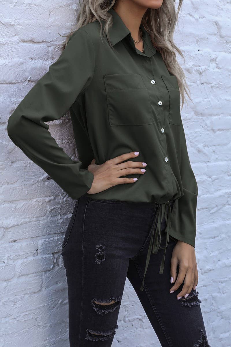 CWTSTL00958_LAPEL DRAWSTRING LONG SLEEVE SOLID SHIRT