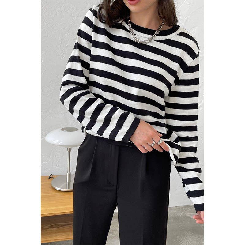 CREW-NECK KNITTED STRIPED RETRO STRIPED SWEATER