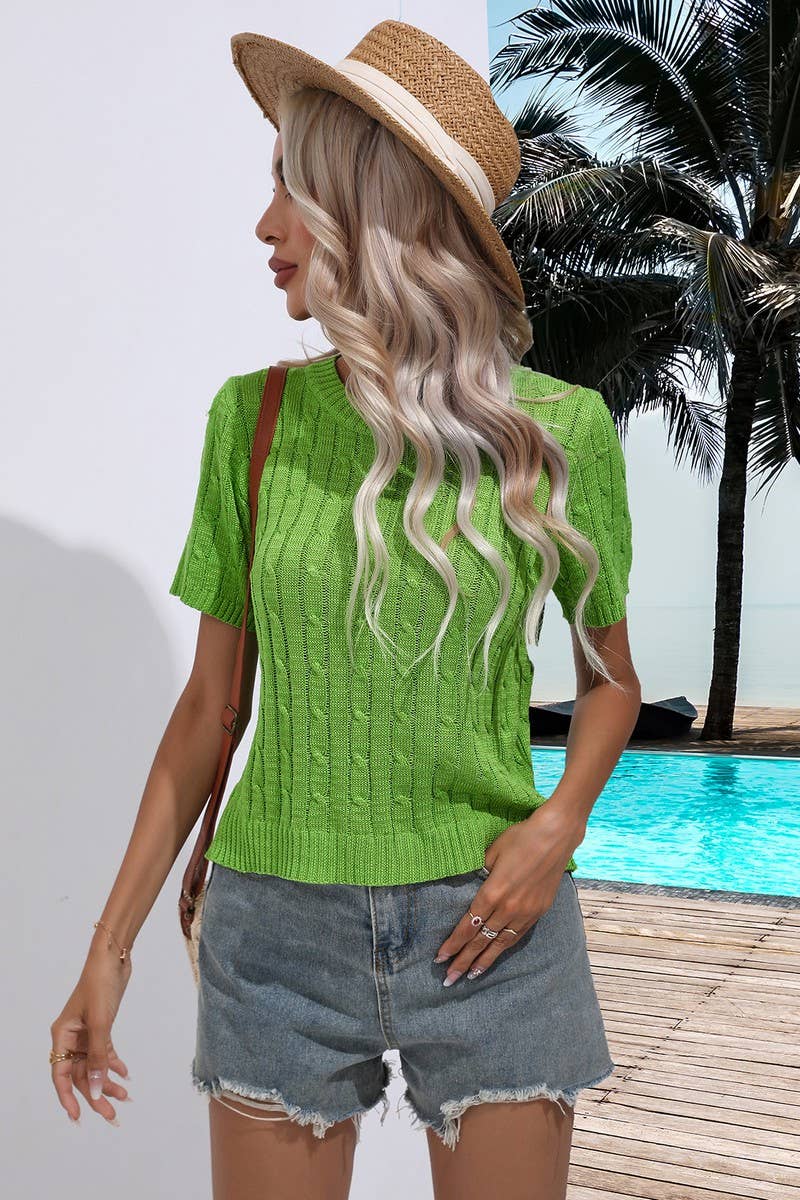 CWOSWS0062_Round Neck Short Sleeve Casual Top Sweater