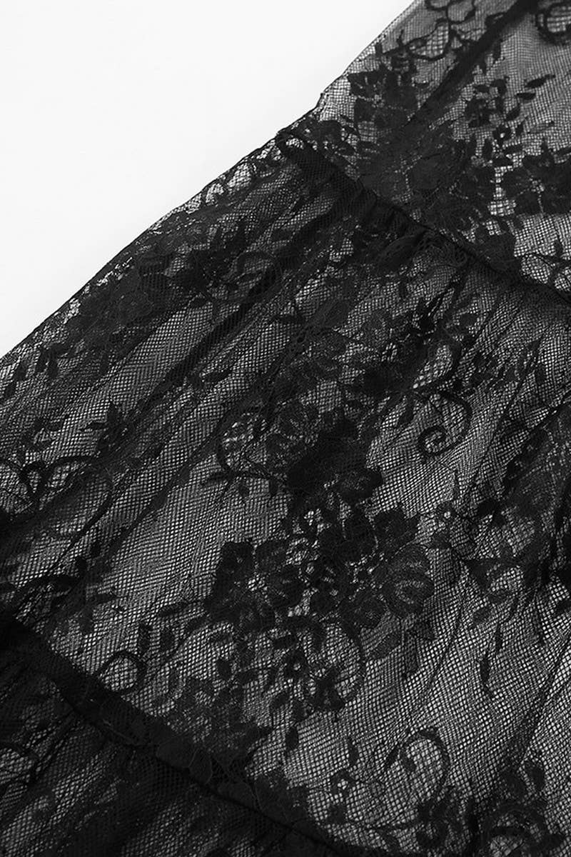 CWBLS138_LACE HOLLOW  HIGH WAIST MESH PLEATED SKIRT