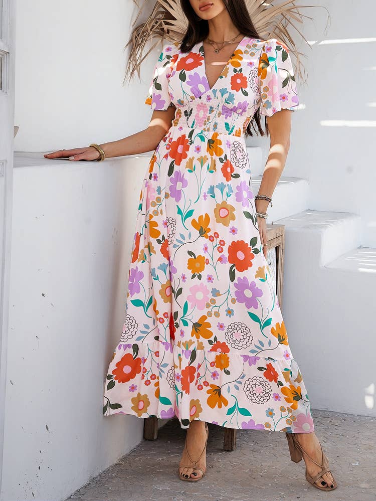 Bohemian Floral V-Neck High-Waist Dress