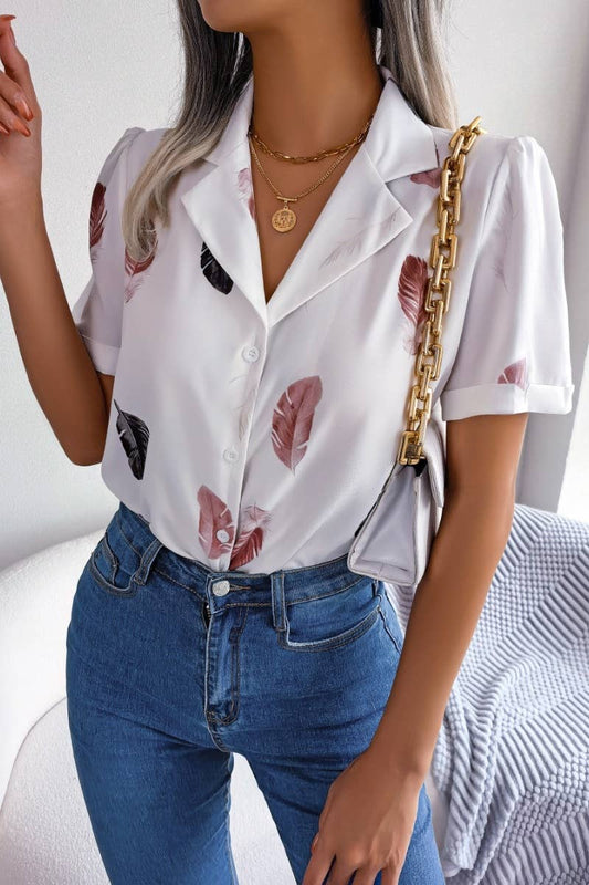 CWTDSS0051_SUIT COLLAR FEATHER LOOSE SHORT-SLEEVED SHIRT