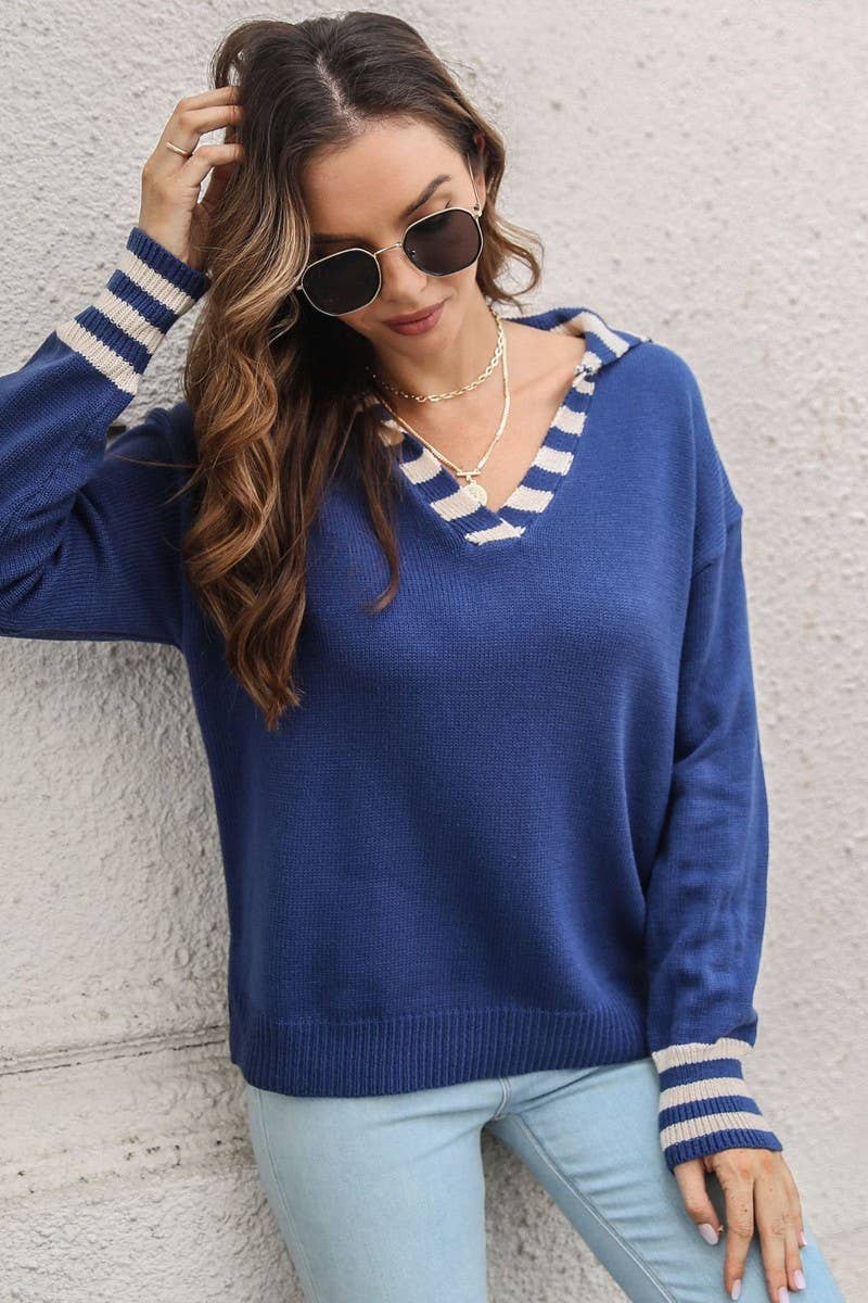 CWOSWL6857_STRIPED LAPEL LOOSE LONG-SLEEVED SWEATER