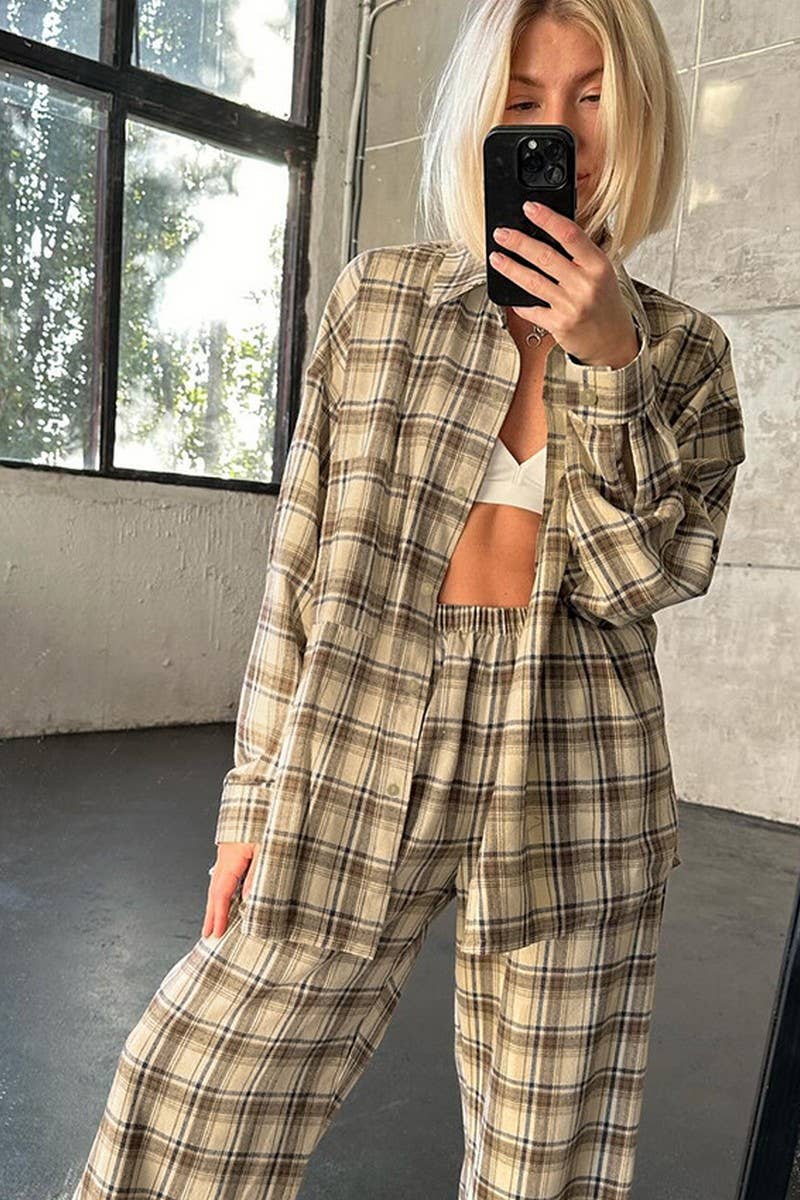 CWSPJ0256_PLAID LONG-SLEEVED PAJAMAS HOME WEAR SET