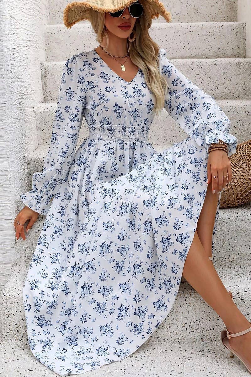 CWDMD4100_PRINTED V-NECK LONG-SLEEVED SWING DRESS