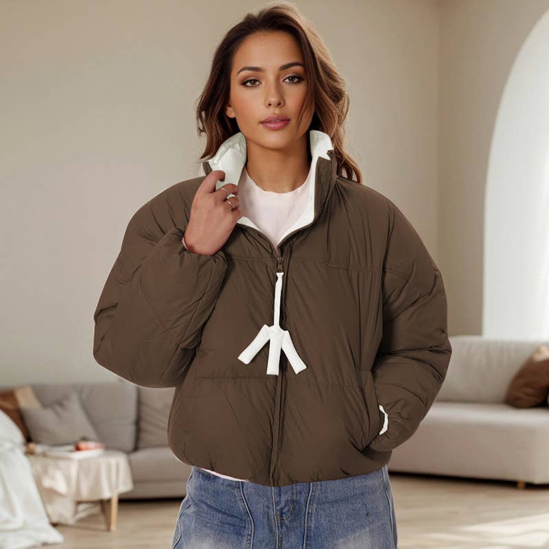 CONTRASTING COLOR ZIPPER STAND-UP COLLAR JACKET