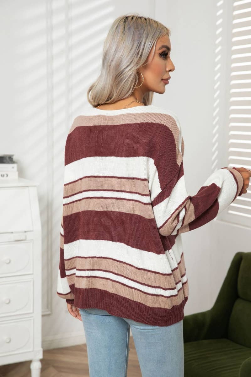 CWOSWL6401_LOOSE V-NECK STRIPED LONG-SLEEVED SWEATER