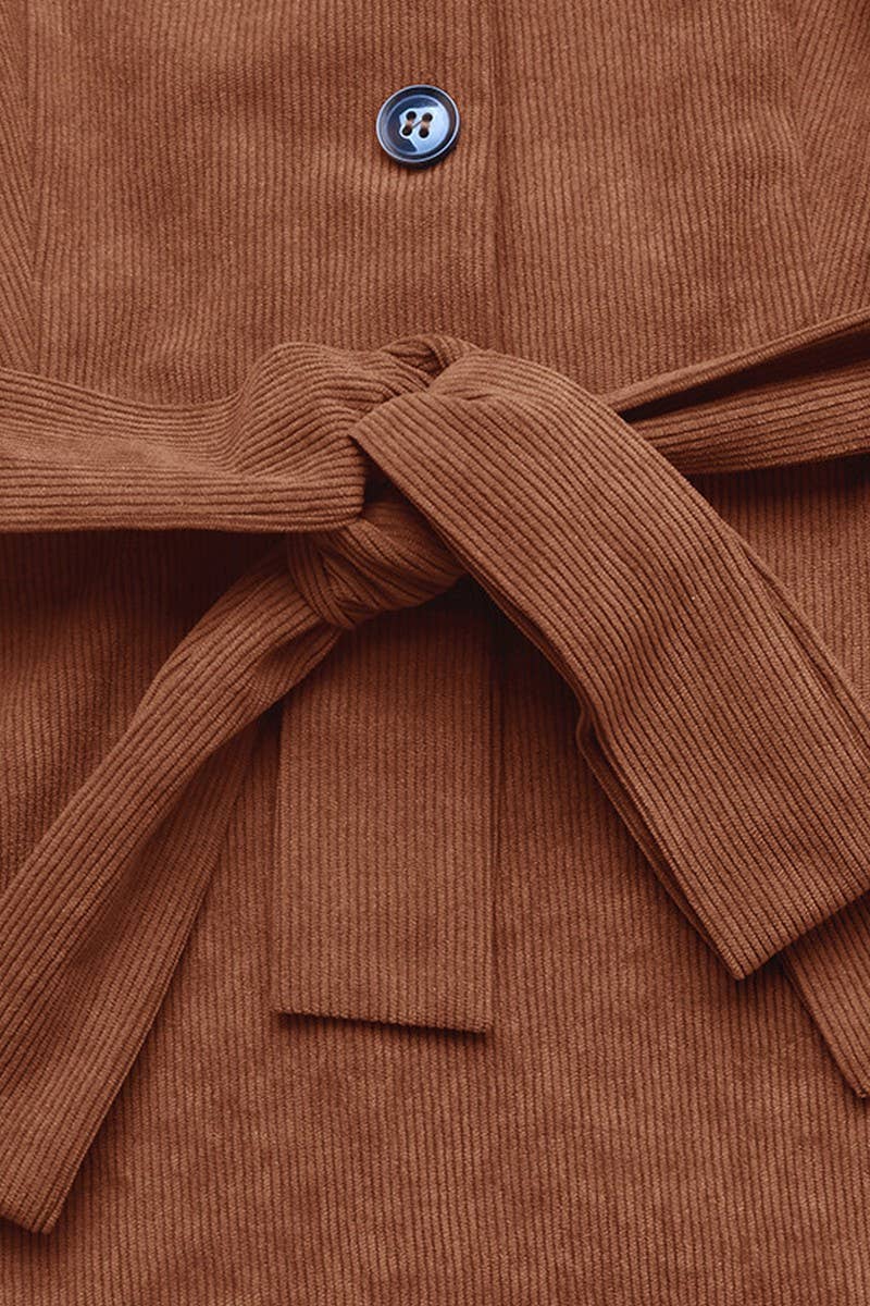 CWDMD01047_BROWN CORDUROY V-NECK LACE-UP COMMUTER DRESS