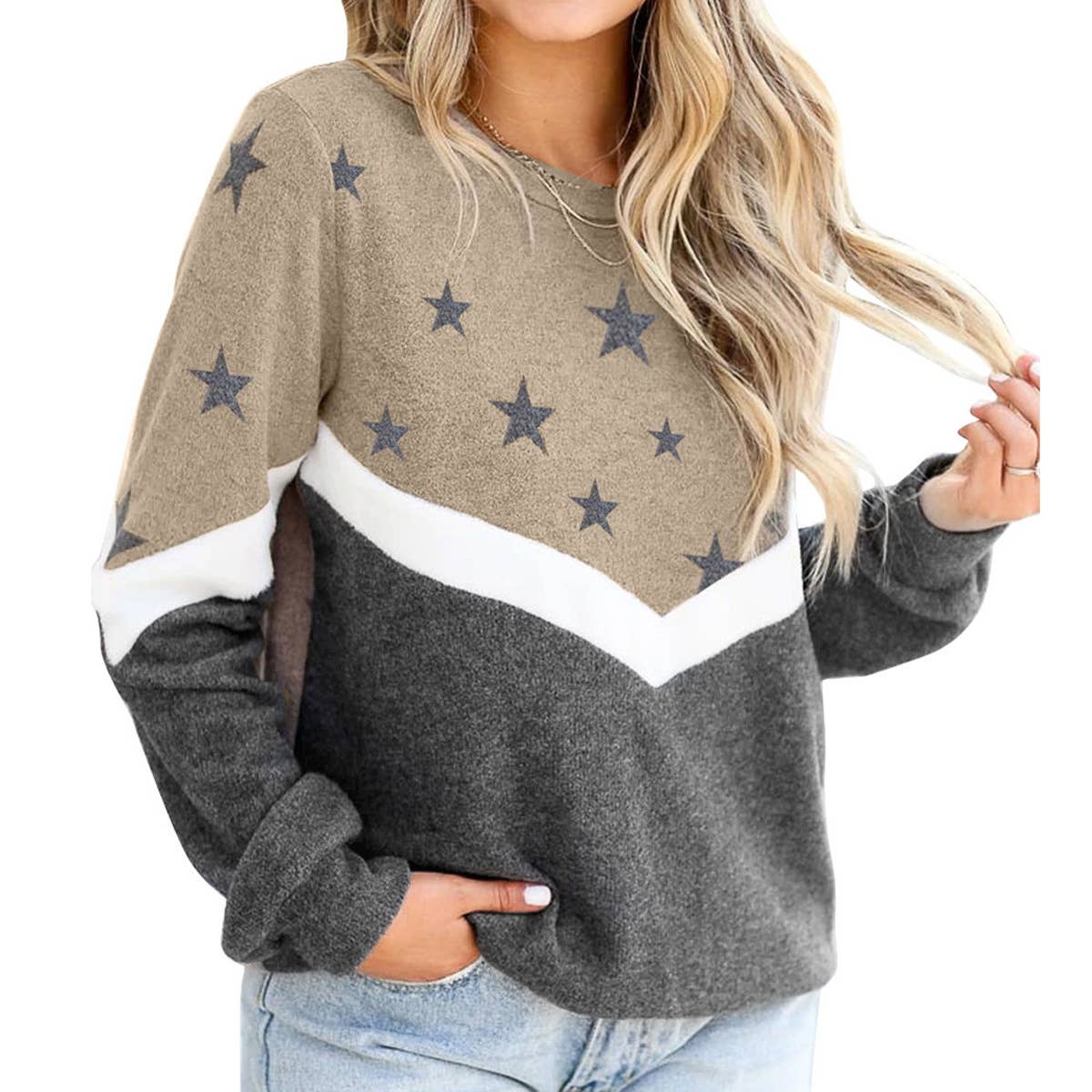 CREW-NECK LONG SLEEVE STAR PRINT PATCHWORK HOODIE