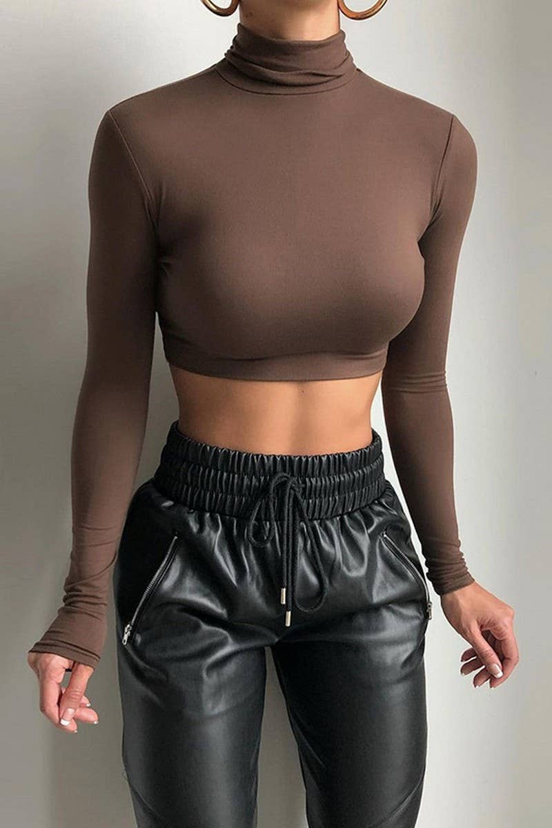 CWTBLL3772_SLIM FIT NAVEL BARING LONG SLEEVE TURTLENECK TOP