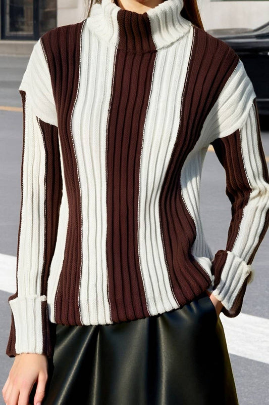 CWOSWL6947_STRIPED KNIT PATCHWORK TURTLENECK SWEATER