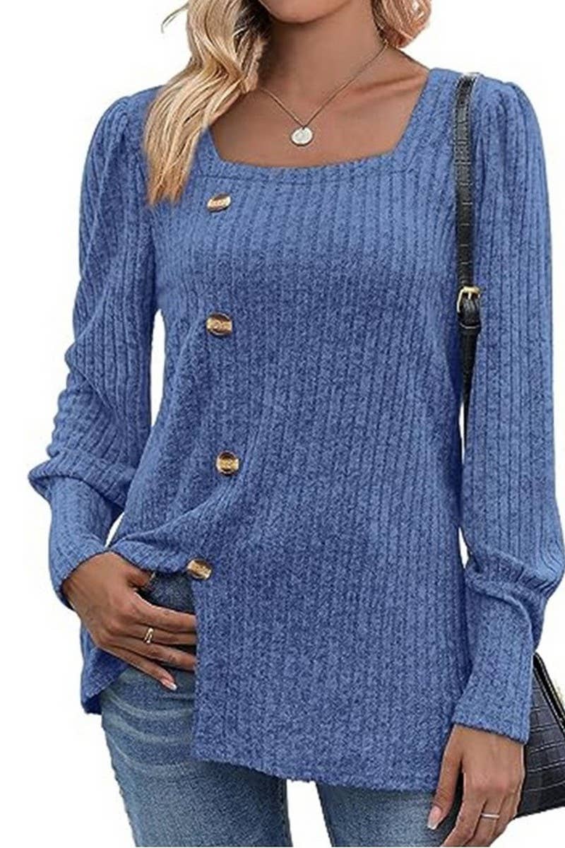 CWTBLL4014_RIBBED SQUARE NECK PUFF SLEEVE SPLIT HEM TOP