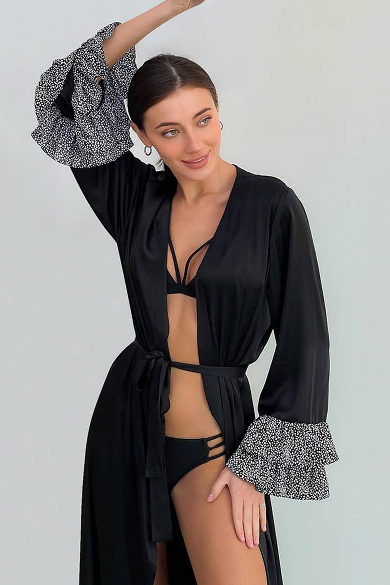 CWSPJ0238_BLACK SATIN PATCHWORK SPOTTED LACE NIGHTGOWN
