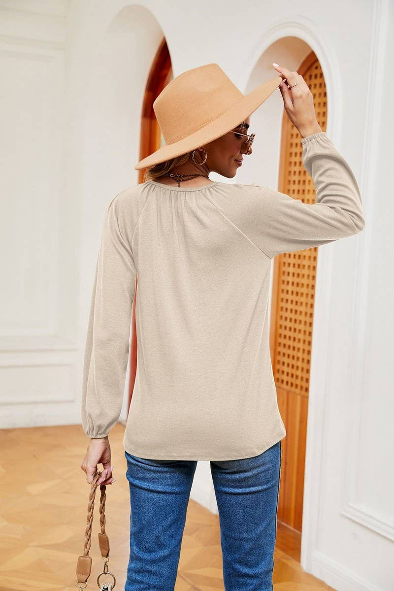CWTBLL2370_LONG SLEEVE V NECK PLEATED LOOSE PULLOVER