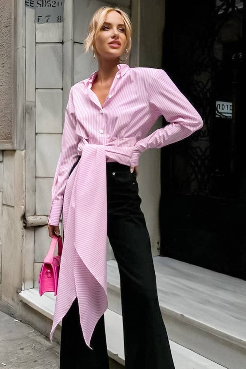 CWTBLL00576_TIE-WAIST STRIPED LONG-SLEEVED SHIRT TOP