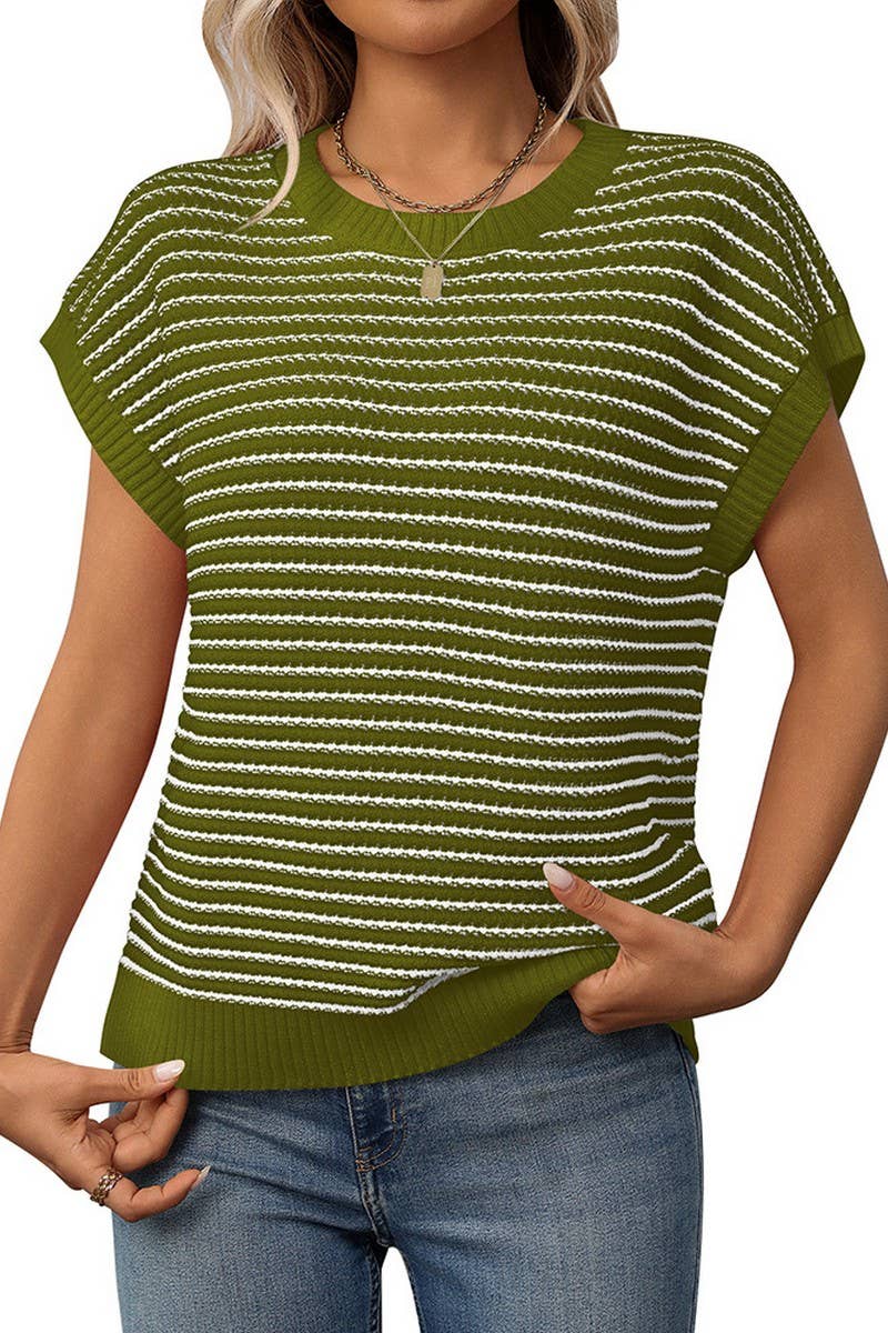 CWOSWS0130_ROUND NECK SHORT SLEEVE STRIPED CONTRAST KNIT TOP
