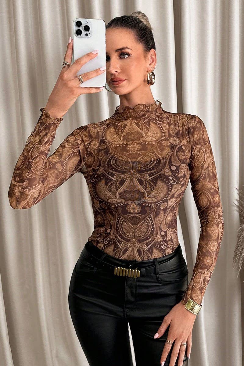 CWTBLL3467_LEOPARD PRINT MESH RUFFLED SLIM FIT TOP