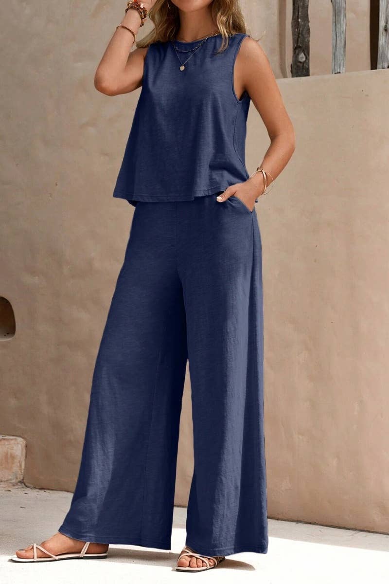 CWSS0639_SUMMER CREW NECK SLEEVELESS TOP PANTS SUIT