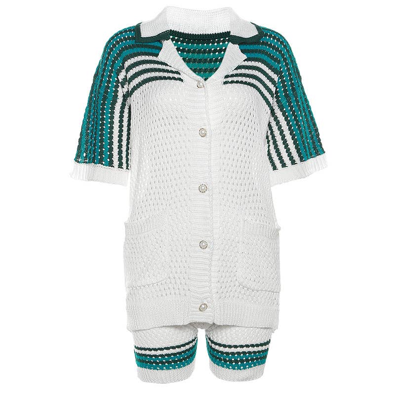 CUT-OUT LAPEL TOP HIGH-WAISTED SHORTS KNIT SUIT