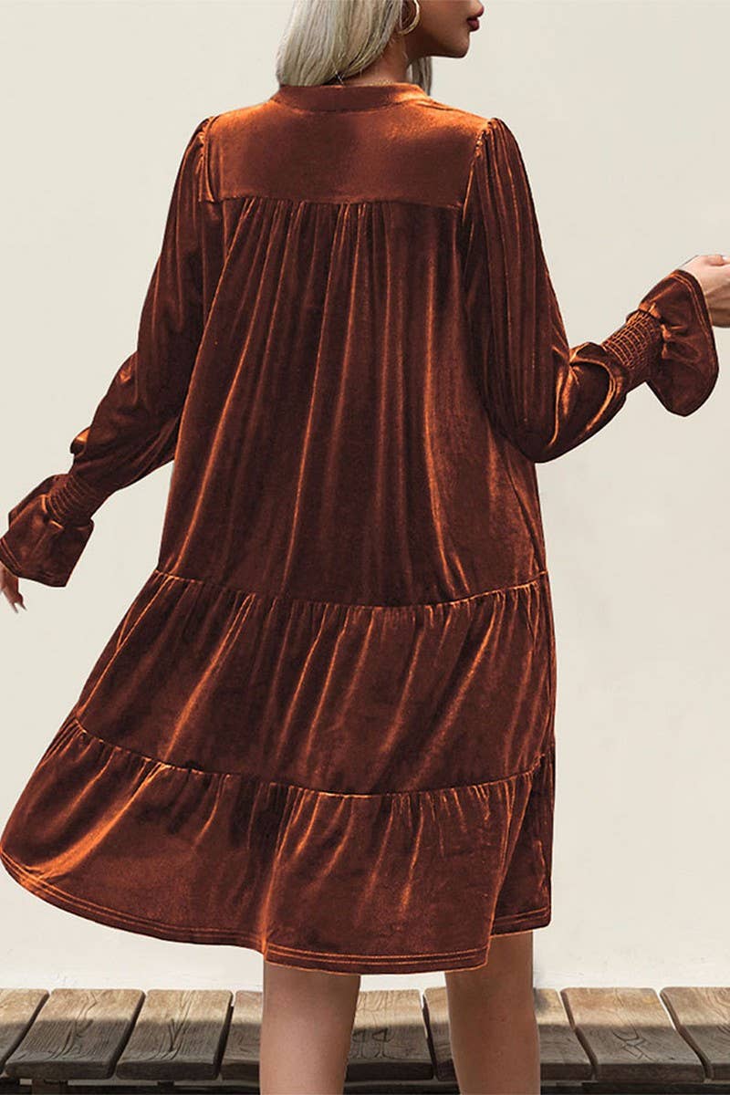 CWDMD3552_V-NECK LONG-SLEEVED SOLID COLOR VELVET DRESS