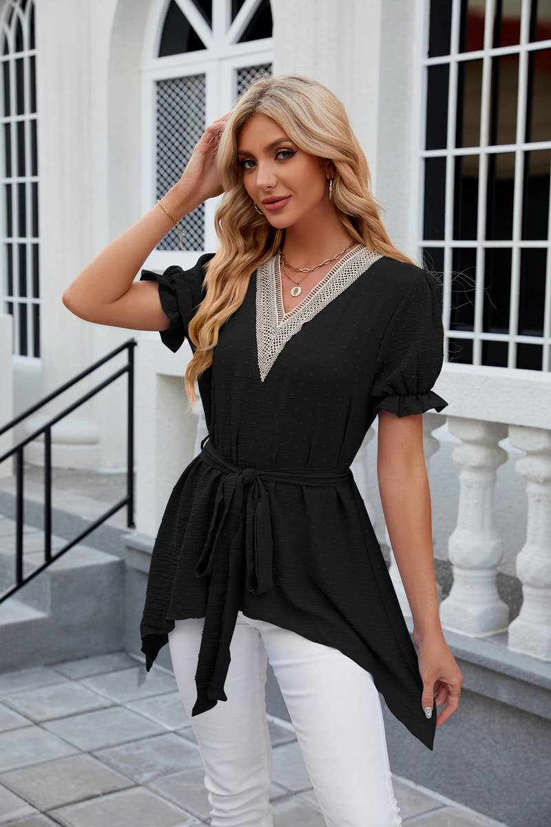 CWTBLS0445_V-Neck Short Sleeve Lace Trim Top
