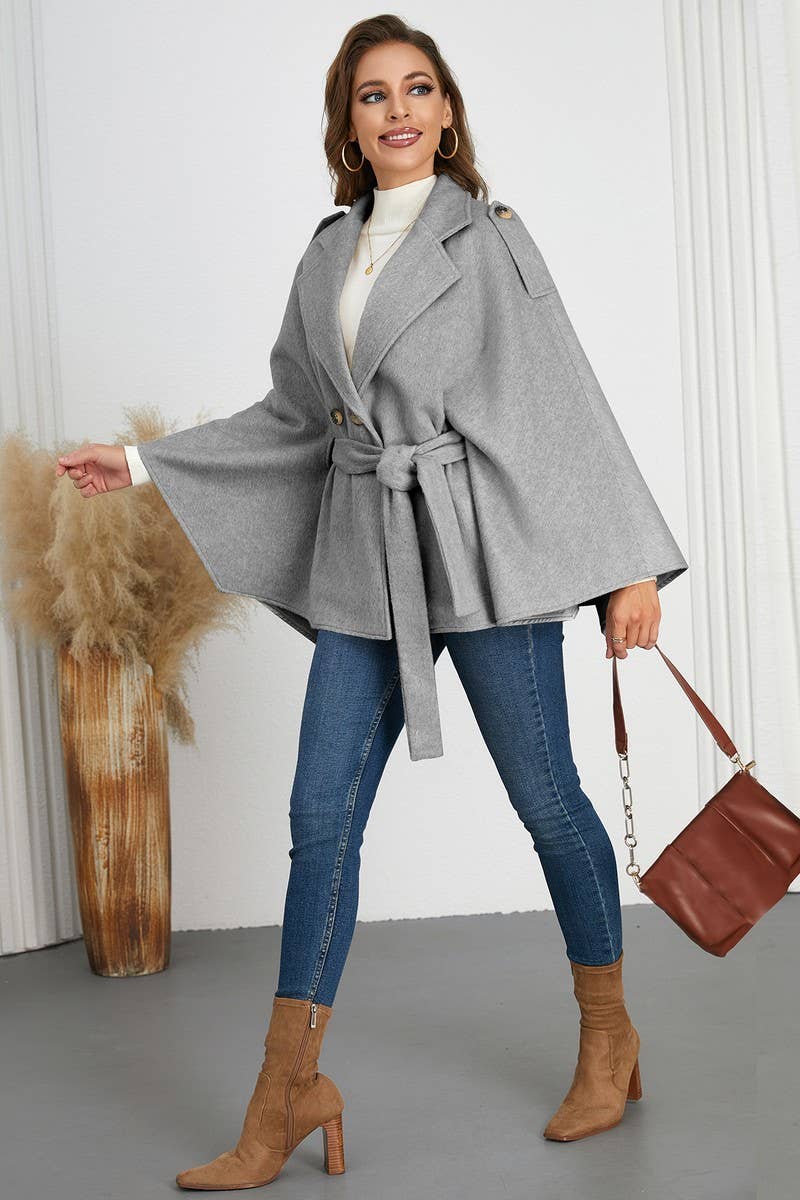 CWOCO0941_SOLID COLOR BELTED LAPEL CAPE TWEED COAT