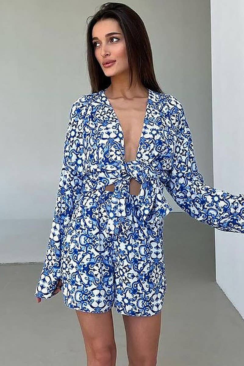 CWSPJ0365_PRINTED LOOSE LONG-SLEEVED SHORTS PAJAMA SET