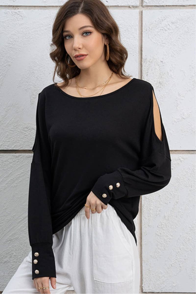 CWTBLL1429_SOLID COLOR BUTTON-DOWN LONG-SLEEVED TOP