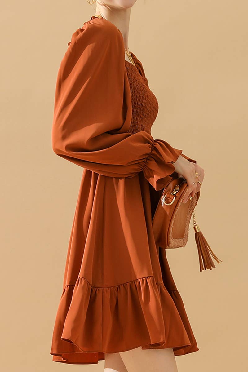 CWDSD10342_RUFFLE HIGH WAIST LONG SLEEVE CASUAL DRESS