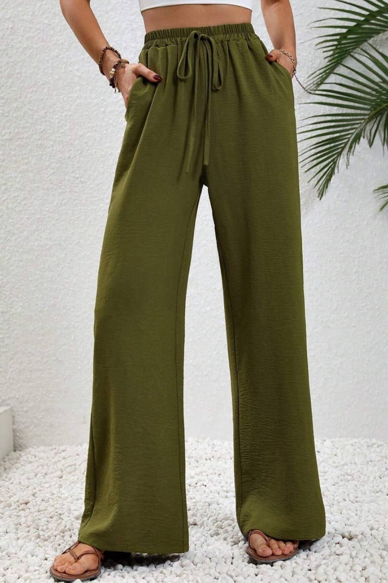 CWBMP0139_SUMMER CASUAL SOLID COLOR LACE-UP WIDE-LEG PANTS