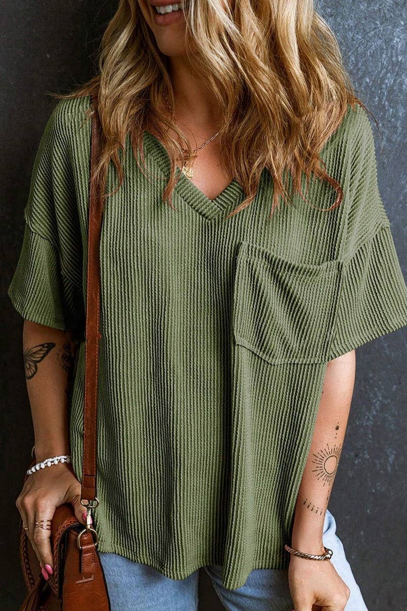 CWTTS1382_SUMMER FASHION POCKET SHORT SLEEVE V NECK TOP