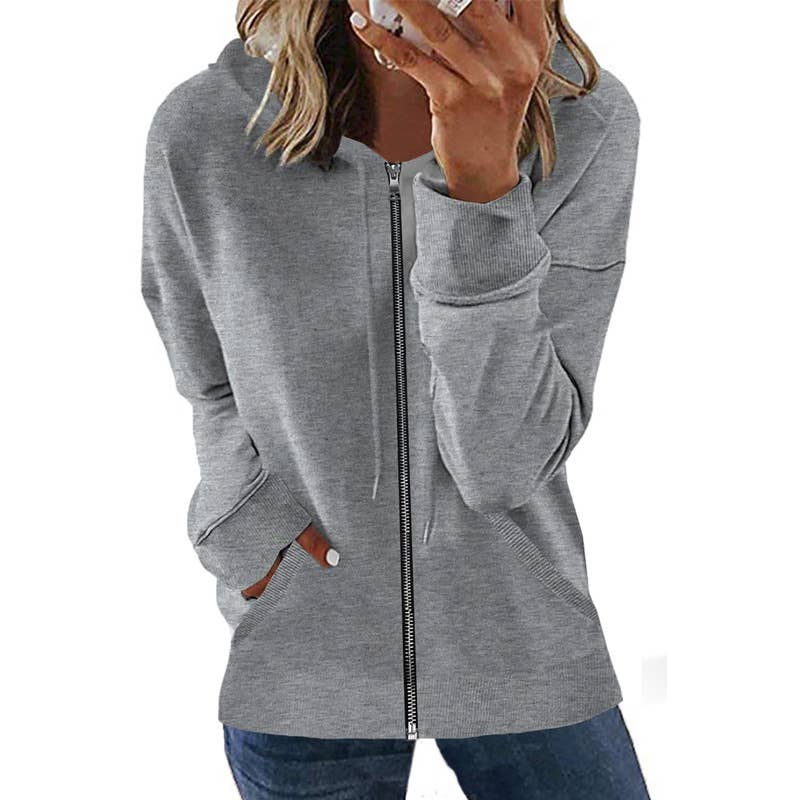 CASUAL SOLID COLOR HOODED ZIP-UP CARDIGAN
