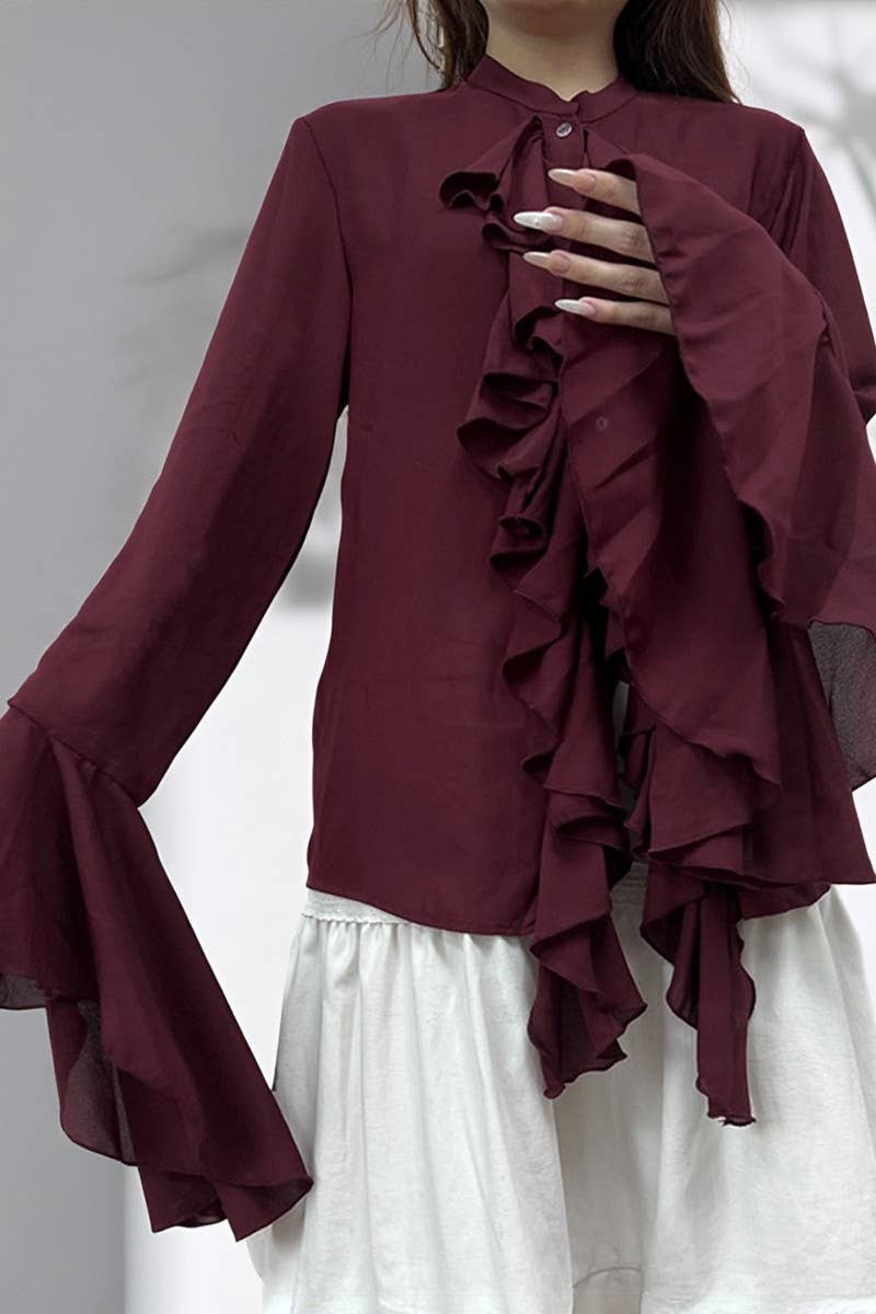 CWTBLL00603_BURGUNDY RUFFLED LONG-SLEEVED SHIRT
