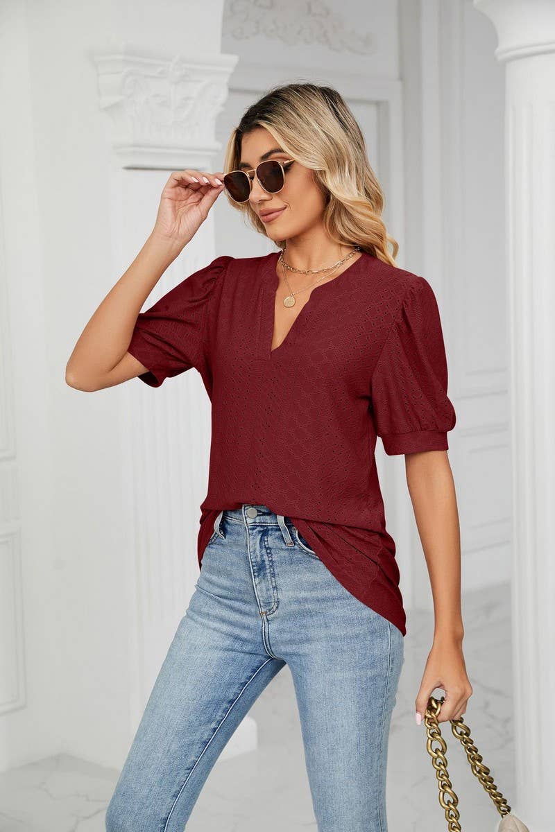 CWTSTS0358_V-Neck Short Sleeve Knit Top