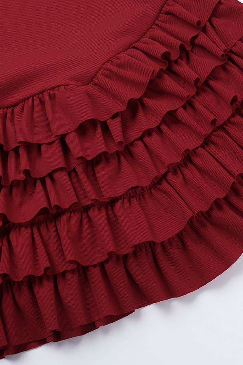 CWDSD7678_RED KNIT SLEEVELESS RUFFLE DRESS