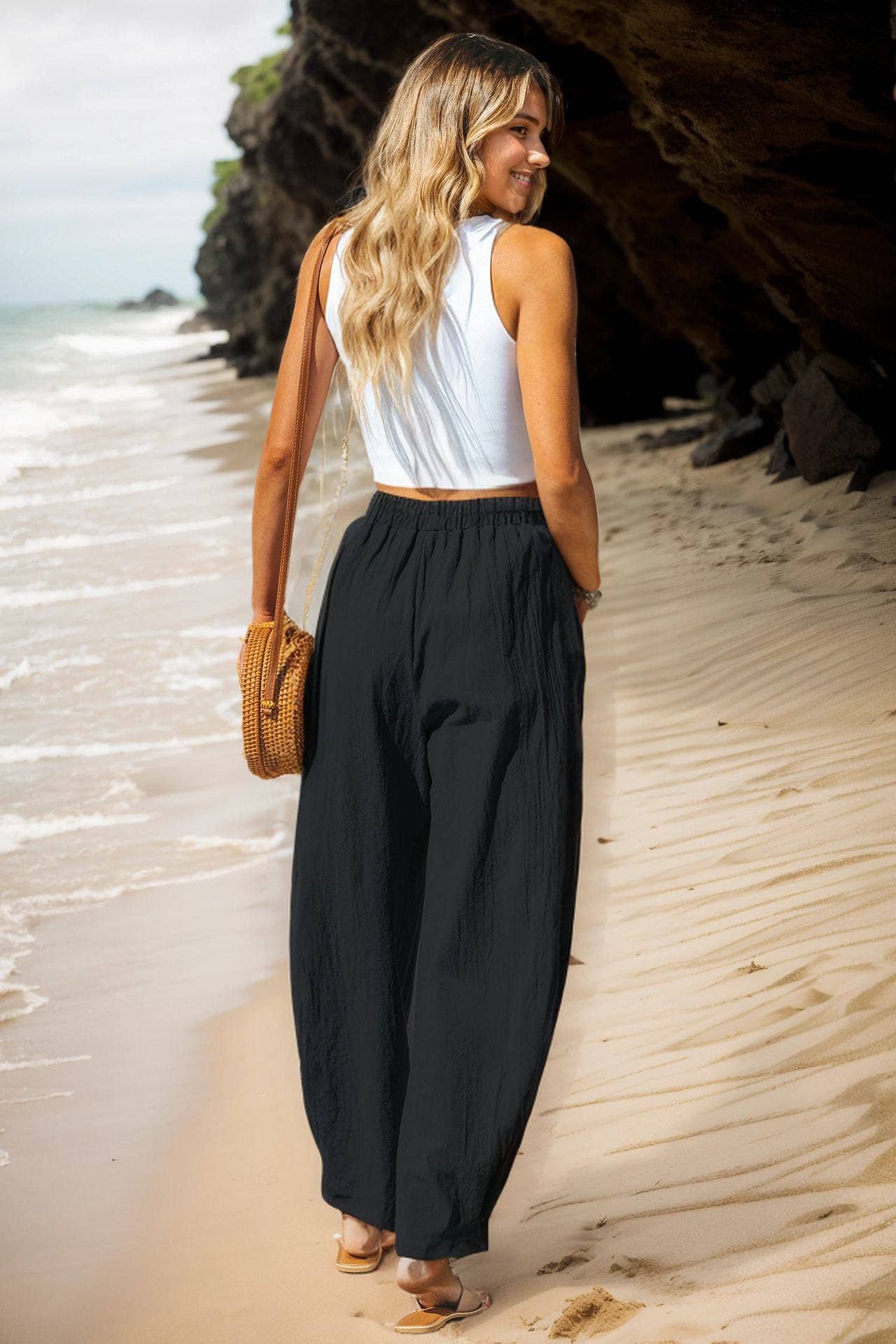 COTTON AND LINEN HOLIDAY STRETCH WAIST OVERALLS