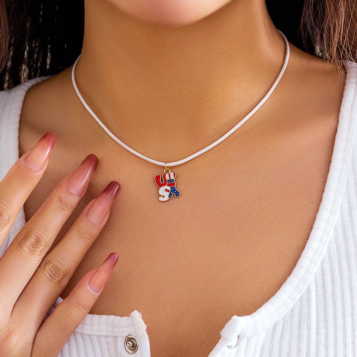 STAR FLAG INDEPENDENCE DAY LETTER BOW NECKLACE_CWAJE1474