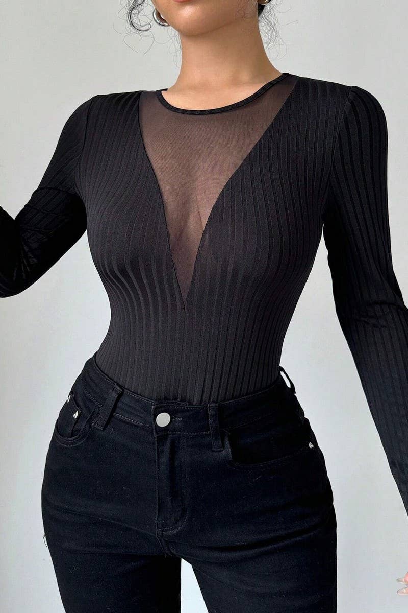 CWTBLL3506_LONG-SLEEVED MESH STITCHING HOLLOW TOP
