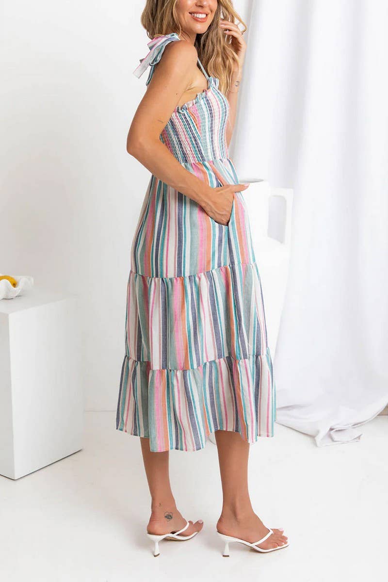 CWDMD5325_RAINBOW STRIPED TIE BACK SPAGHETTI STRAP DRESS