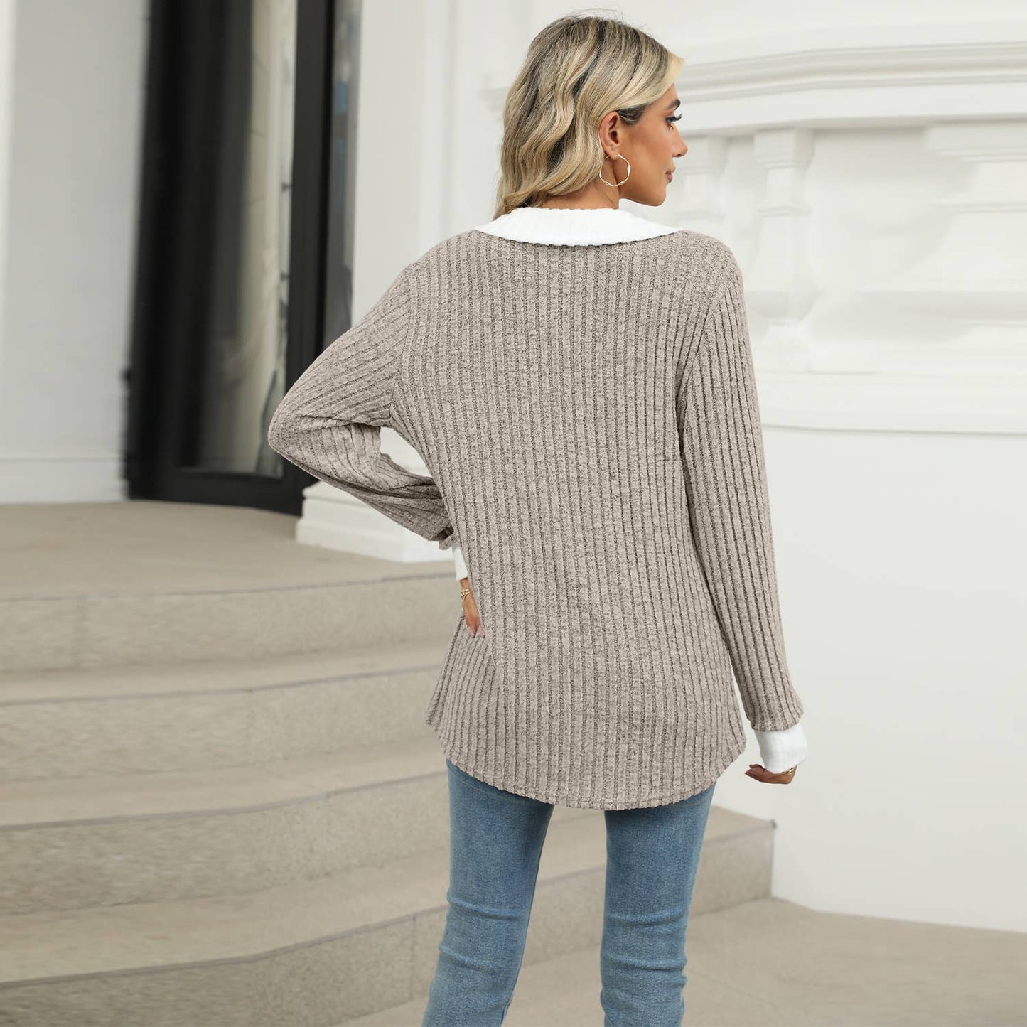 COLOR CONTRAST LAPEL LONG SLEEVE LOOSE T-SHIRT