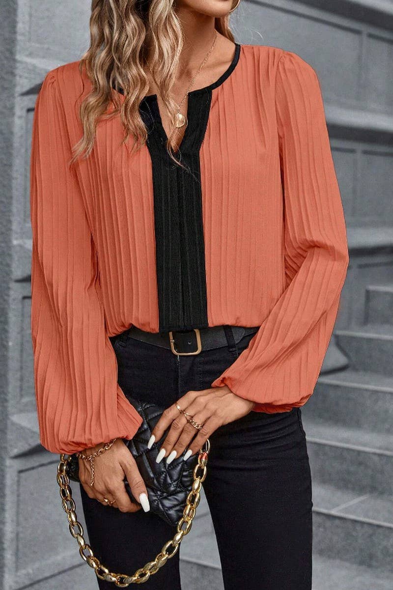 CWTBLL4007_COLORBLOCK V-NECK PUFF SLEEVE LONG SLEEVE SHIRT