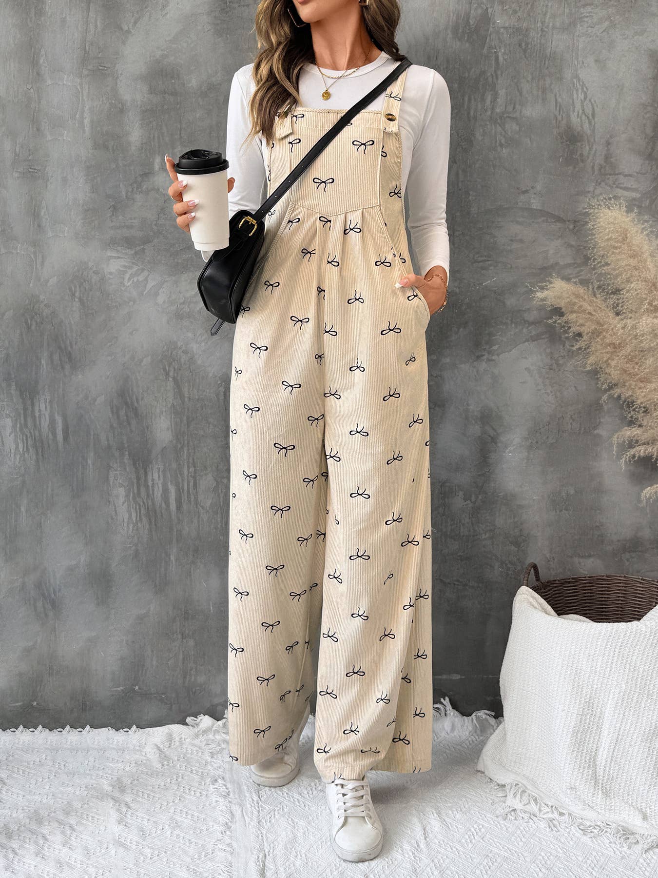 Bow-printed wide-leg one-piece overalls