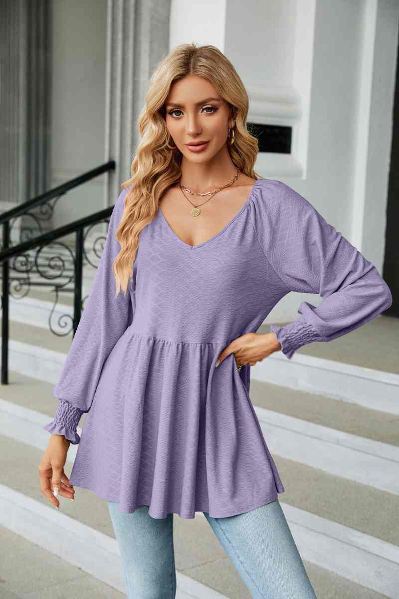 CWTBLL2836_V-NECK LONG SLEEVE PATCHWORK DRESS TOP