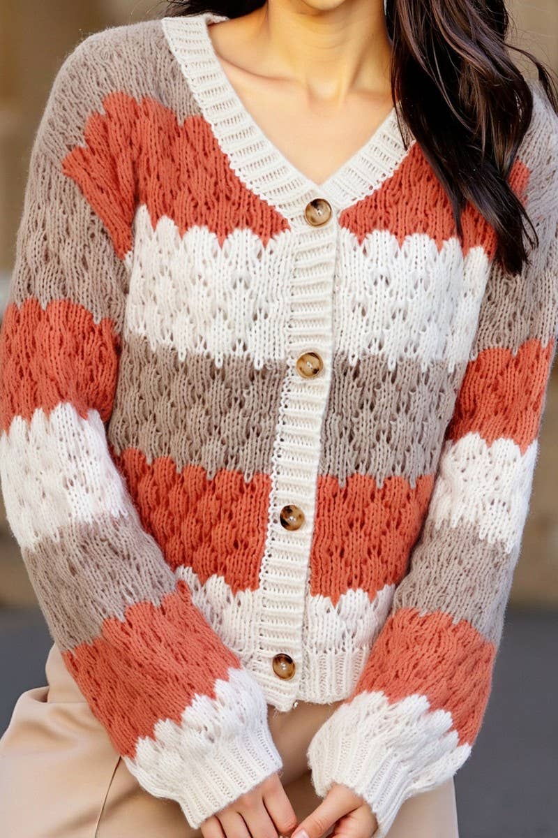 CWOSWL07088_CONTRAST COLOR V-NECK LOOSE KNIT CARDIGAN SWEATE