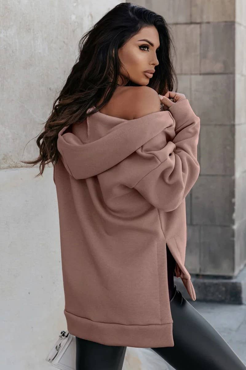 CWOCO0934_SOLID COLOR ZIPPER HOODED CARDIGAN SWEATSHIRT