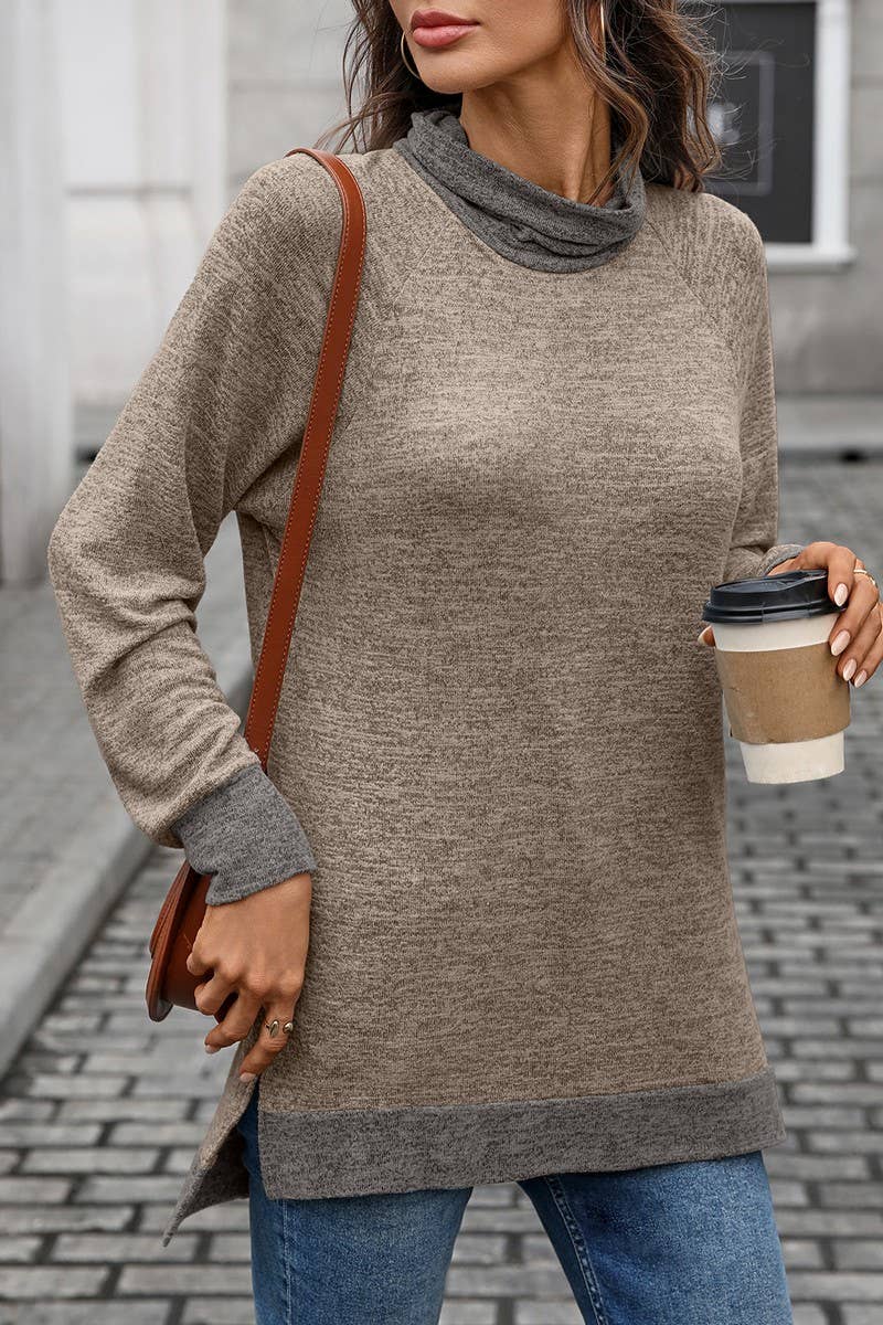 CWTBLL01308_COLORBLOCK SCARF NECK LONG SLEEVE CASUAL TOP