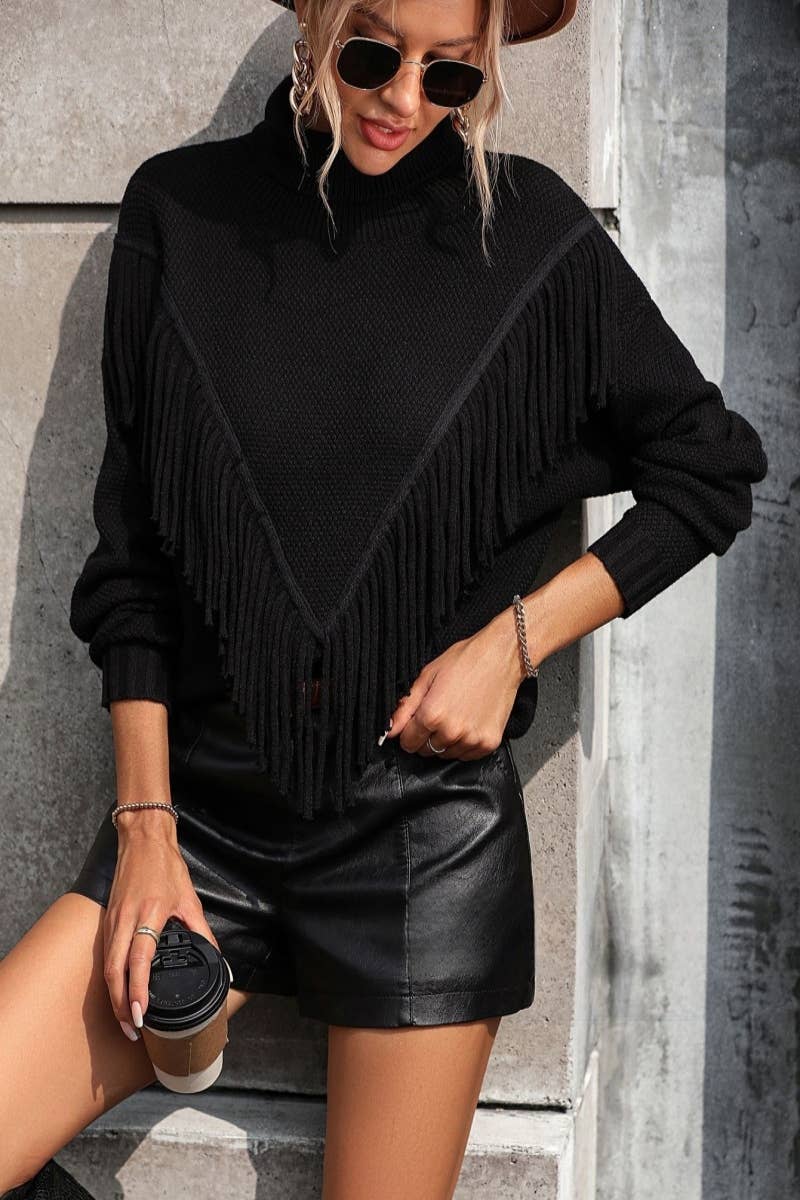 CWOSWL604 Turtle neck Fringe Tassel Pullover Sweater