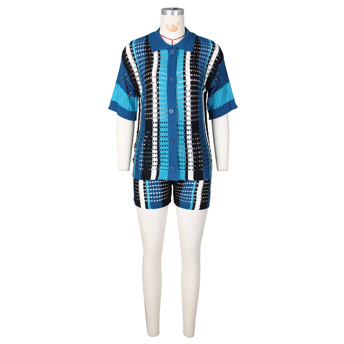 CUT-OUT SEE-THROUGH LAPEL KNIT SHORTS SET