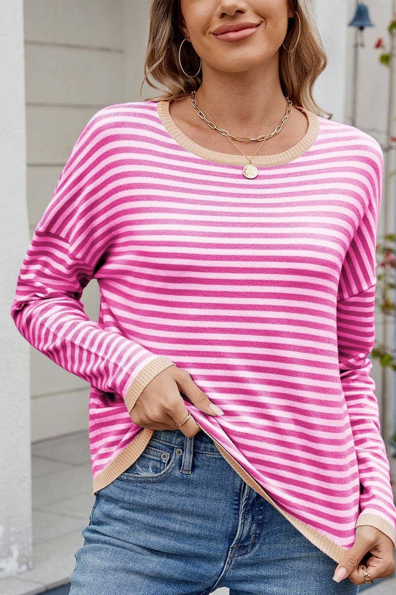 CWTBLL01204_COLORBLOCK TRIM STRIPE LOOSE KNIT PULLOVER