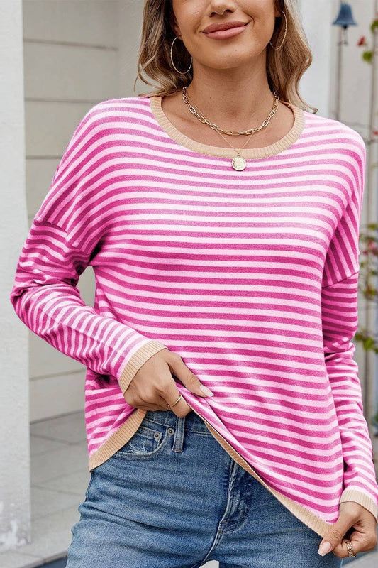 CWTBLL01204_COLORBLOCK TRIM STRIPE LOOSE KNIT PULLOVER